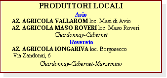 Casella di testo: PRODUTTORI LOCALI
Avio
       AZ. AGRICOLA VALLAROM loc. Masi di Avio
       AZ. AGRICOLA MASO ROVERI loc. Maso Roveri
Chardonnay-Cabernet
 Rovereto
       AZ. AGRICOLA lONGARIVA loc. Borgosecco 
        Via Zandonai, 6
Chardonnay-Cabernet-Marzemino
